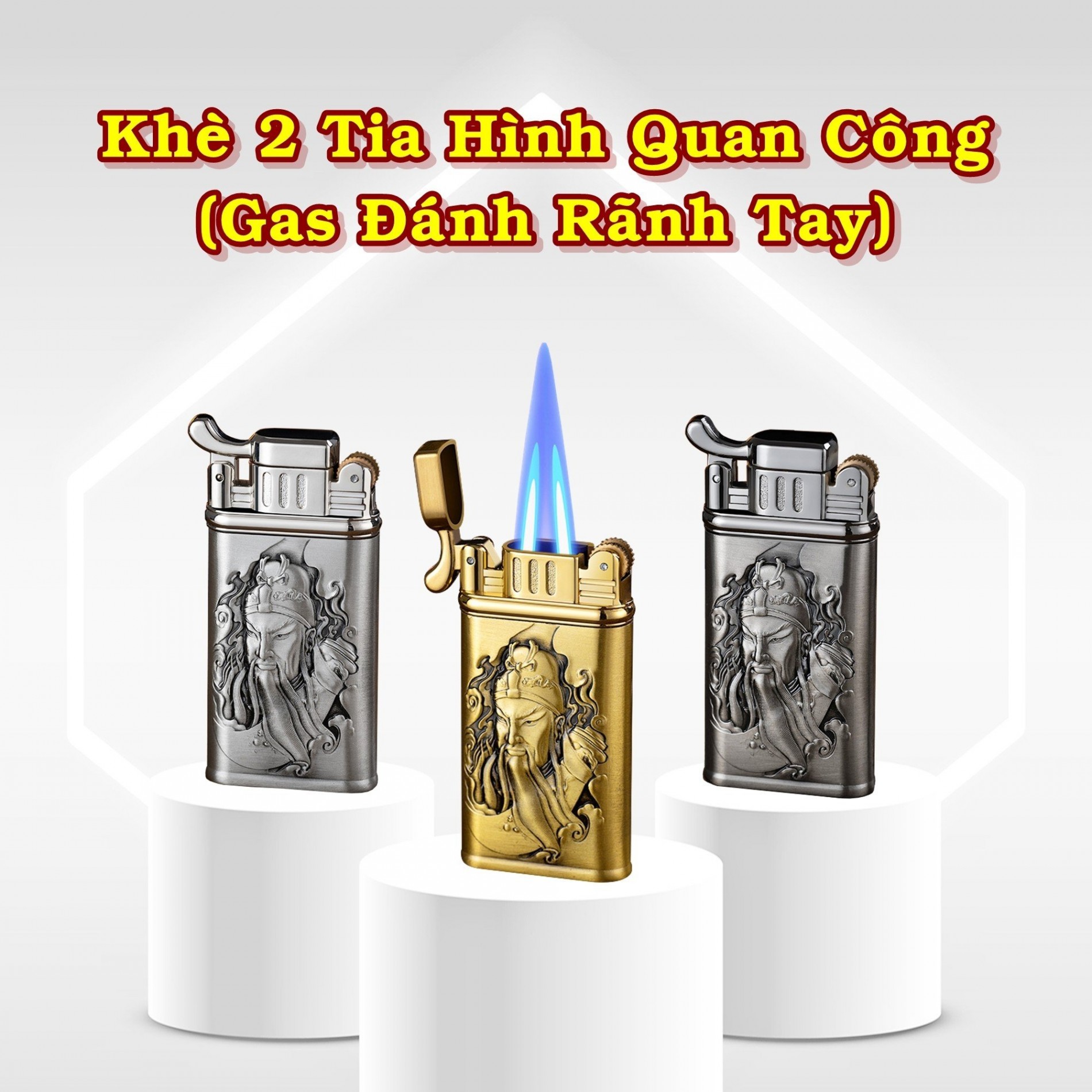 Bật lửa hột quẹt khè gas đá rảnh tay 2 tia hình quan công - xài gas
