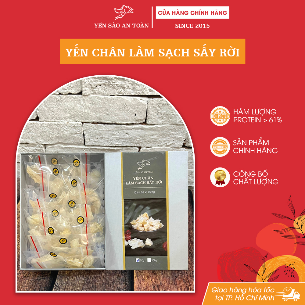Yến chân rút lông nguyên chất dinh dưỡng cao 61% protein từ tổ yến Khánh Hòa Yến Sào An Toàn Hộp 50g chia sẵn 12 túi