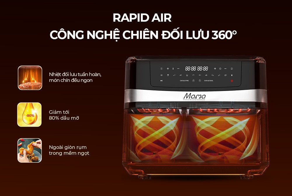 [New] Nồi chiên không dầu 2 ngăn 10L Sunhouse Mama SHD4098 - Chế độ riêng - Tiết kiệm thời gian - Công nghệ Rapid Air - Hàng chính hãng