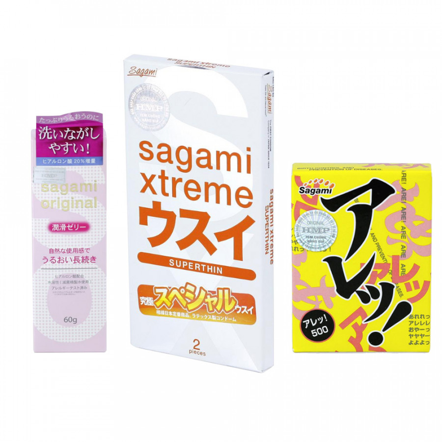 Combo 1 hộp bao cao su SAGAMI Superthin hộp 10, 1 hộp bao cao su SAGAMI Are Are hộp 5 và 1 tuýp Gel SAGAMI 60g