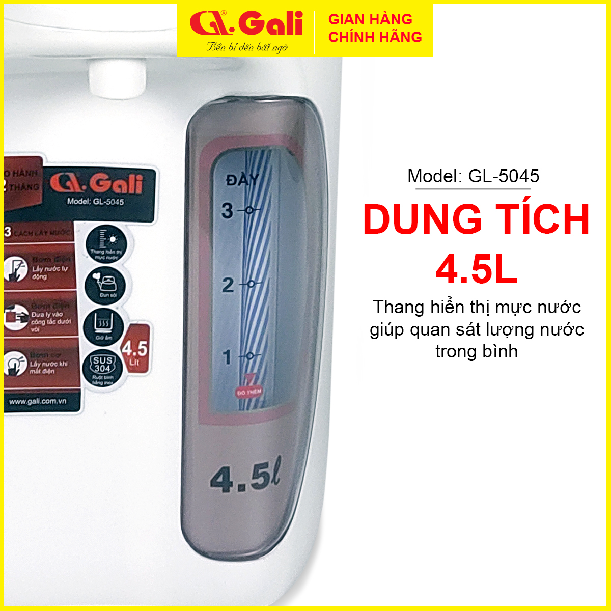 Bình thủy điện Gali, bình đun dung tích 4.5 lít, phích cấu tạo 2 lớp thân ngoài nhựa, ruột inox 304, hàng chính hãng 100% Gali, bảo hành 24 tháng