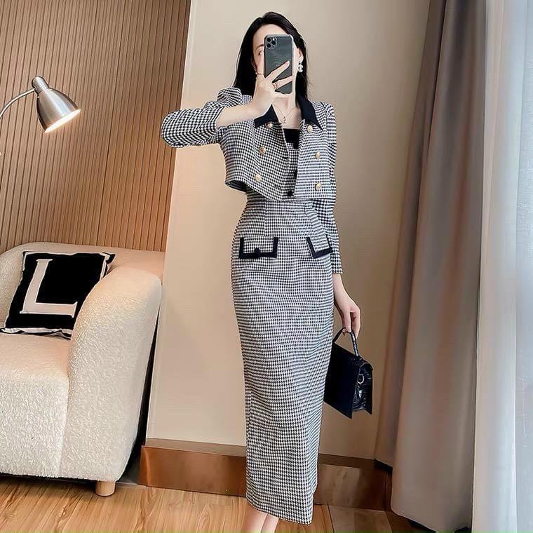 FRESHIP Sét váy đầm nữ hai dây caro giả túi mix áo khoác tay dài cùng tông thanh lịch sang chảnh KIMGIA DS