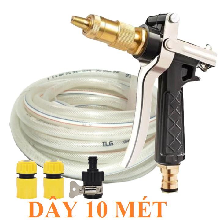 Bộ dây vòi xịt nước rửa xe, tưới cây . tăng áp 3 lần, loại 7m, 10m 206236 đầu đồng,cút,nối nhựa đen+ tặng đai