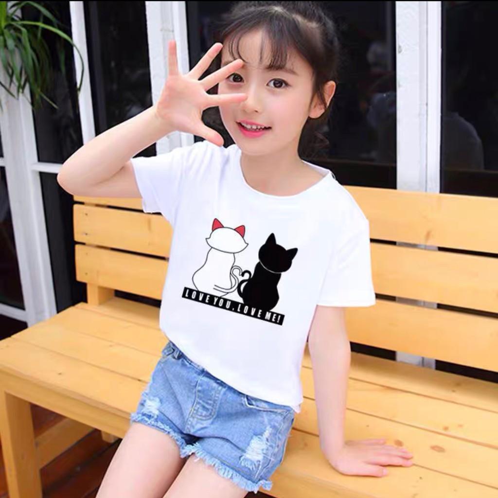 Áo thun bé gái Con Xinh cotton 2 CON MÈO LOVEU.LOVEME, áo thun trẻ em từ 5 đến 14 tuổi