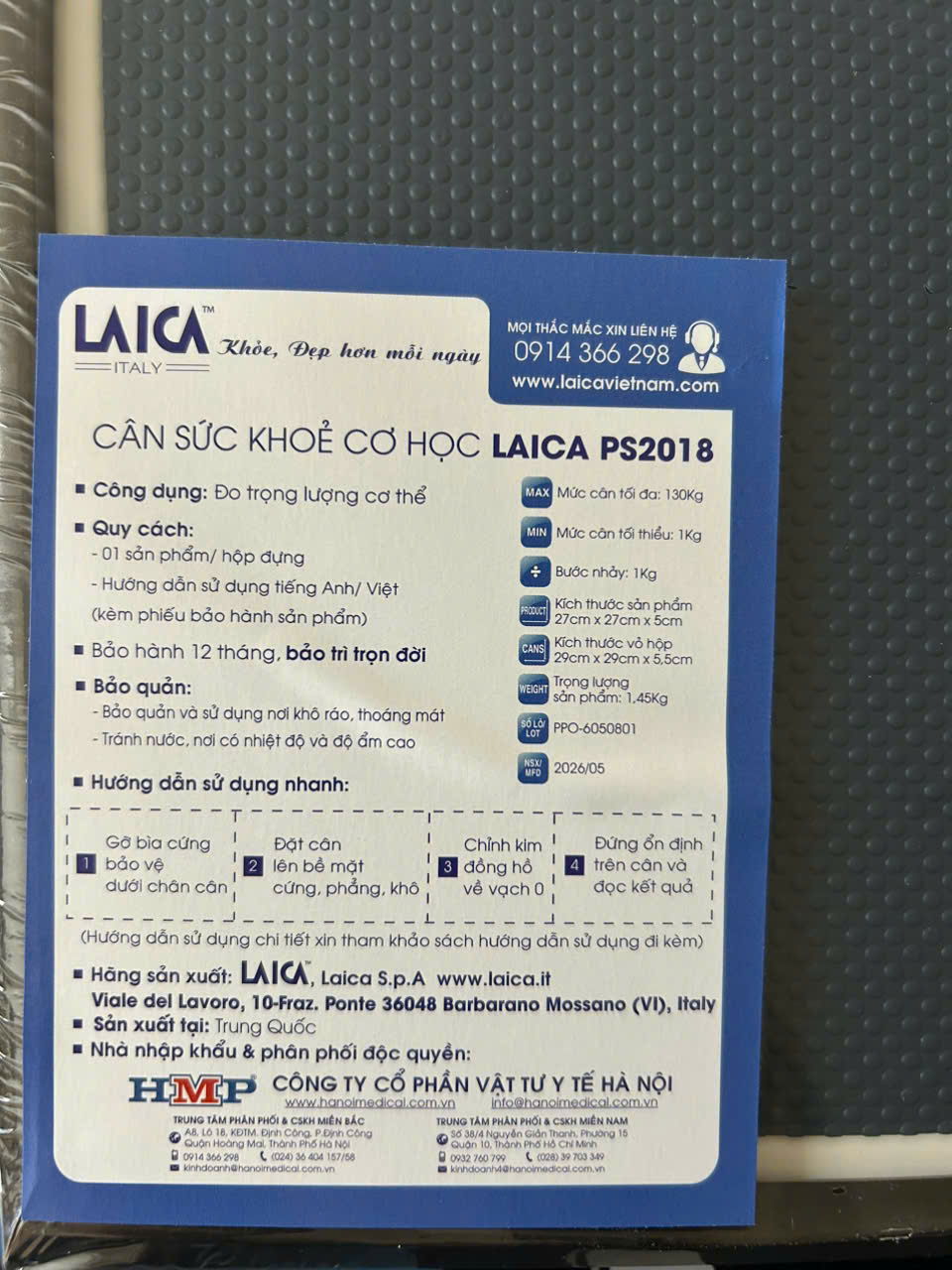 Cân Sức Khoẻ Cơ Học LAICA PS2018B - ITALY - 130 Kg - Mặt Cân Phủ PVC Chống Trơn Trượt