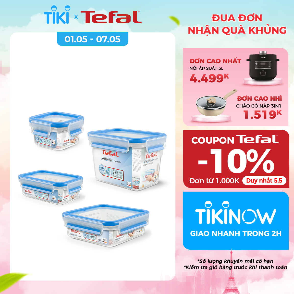 Bộ 4 hộp bảo quản thực phẩm nhựa BBA free, Tefal Masterseal Fresh, sản xuất tại Đức (200ml, 550ml, 850ml, 1100ml) - Hàng chính hãng