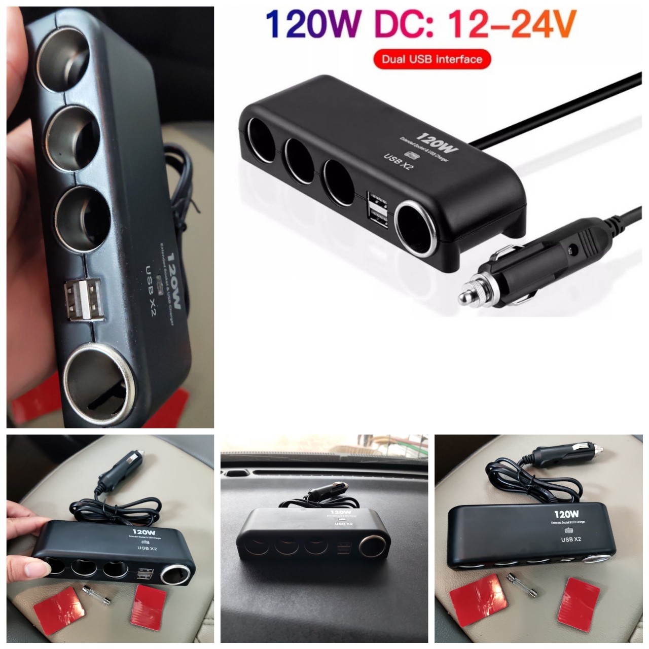 Bộ chia cốc tẩu sạc ô tô xe hơi 12v-24v 4 cổng USB kép 120w mẫu mới loại tốt kèm 2 cầu chì dây chống cháy