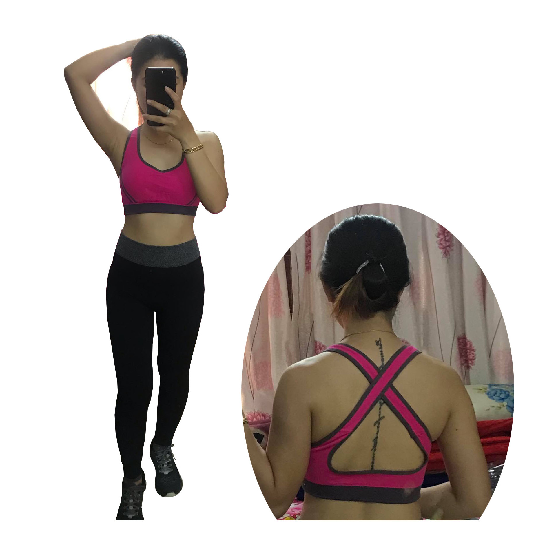 Bô quần áo fitness tập yoga, tập gym nữ cao cấp áo hai dây đan chéo sau lưng SR05/YG/BH bộ hồng   - L