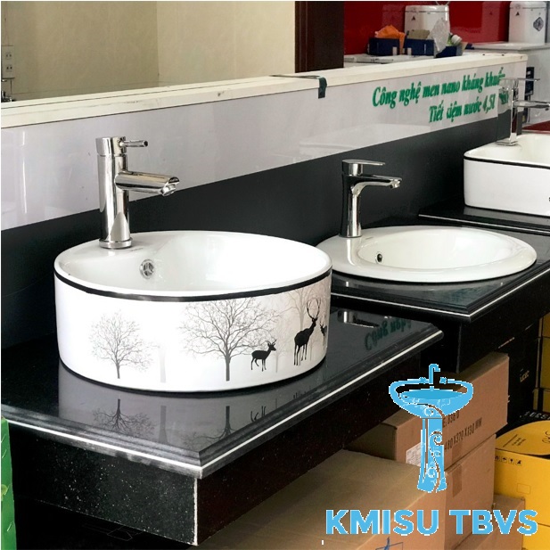 Chậu Lavabo, chậu rửa mặt đặt bàn đá, chậu labo  hình tròn 3 con hươu . Kmisu thiết bị vệ sinh