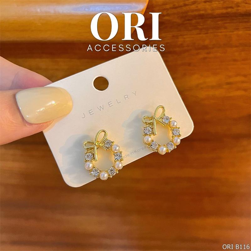 Bông tai nữ vòng tròn nơ đính đá Amyas đáng yêu ORI ACCESSORIES B116