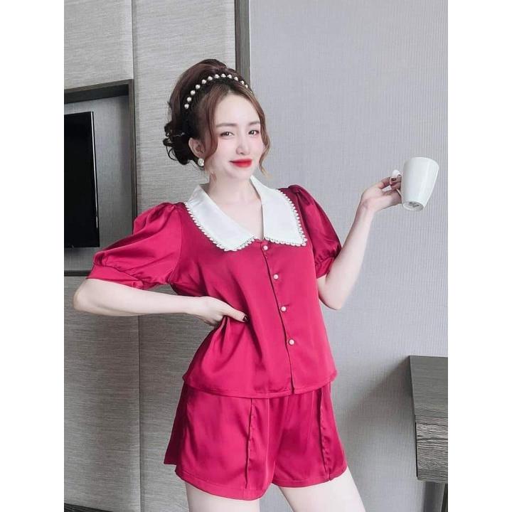 Bộ Pijama, Bộ Lụa LATIN CAO CẤP, Đồ Mặc Nhà Kiểu Quần Ngắn, Lá Cổ Trắng Viền Ren, Hàng Đẹp May Kỹ, Phom Dưới 58kg