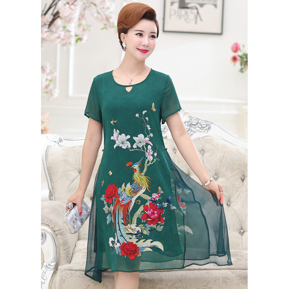 Váy voan dáng xuông ngắn tay họa tiết phượng cao cấp VA4