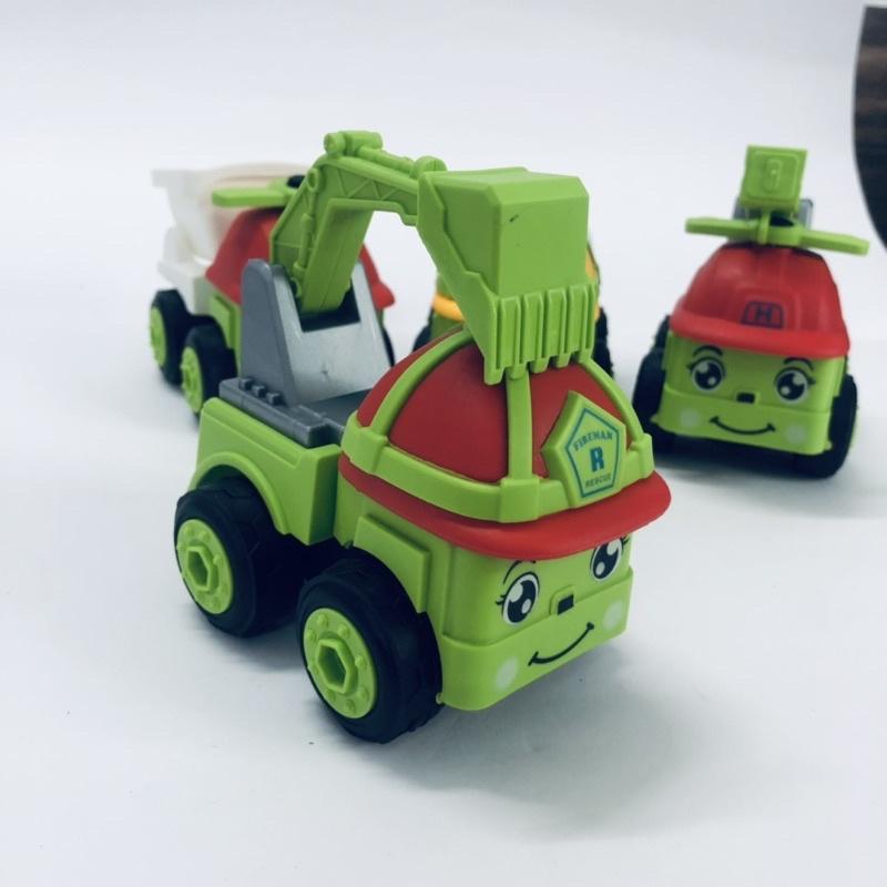 Ô tô đồ chơi lăp ráp công trình mặt cười dễ thương cho bé, combo 4 xe và tua vít lắp ráp