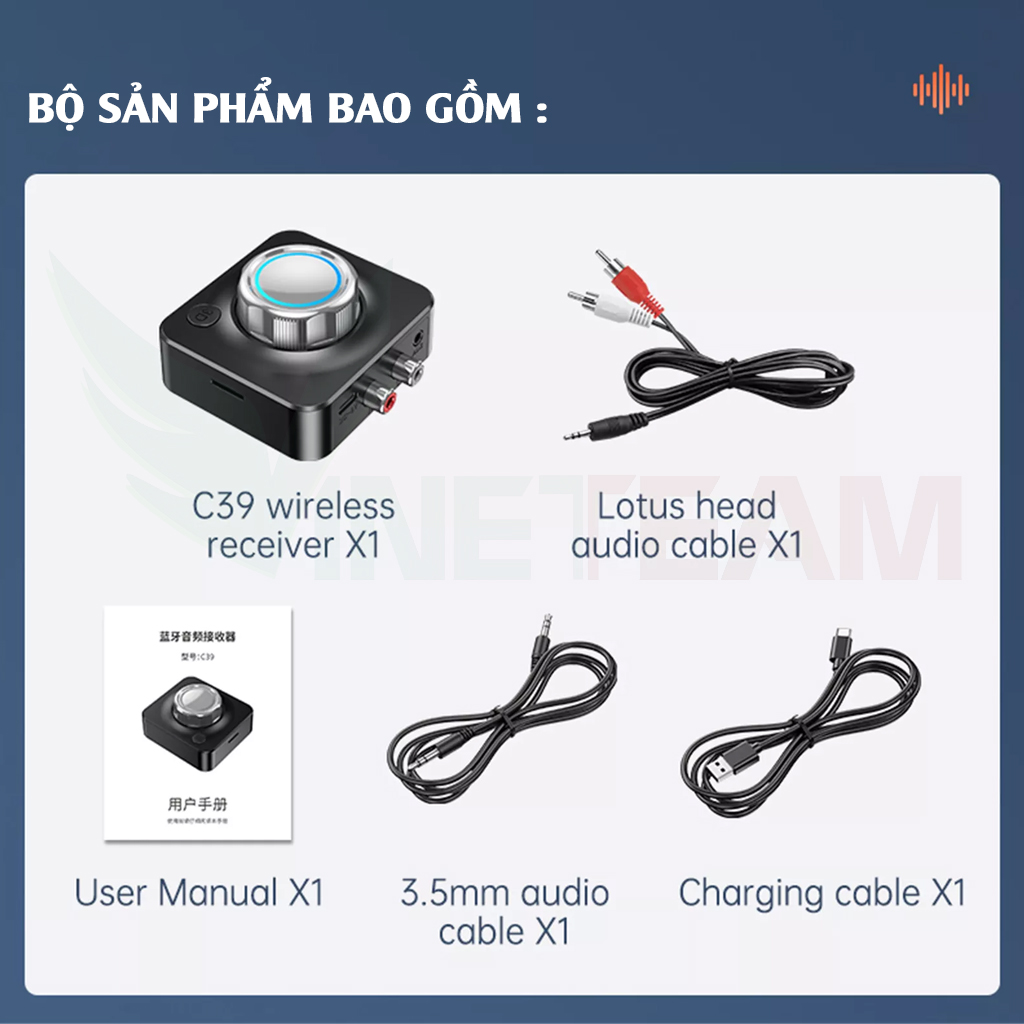 Thiết Bị Thu Phát Nhạc Không Dây Bluetooth 5.0 Vinetteam C39 Âm Thanh Đa Chức Năng TF AUX 3.5mm RCA Cho Loa Ô Tô Tai Nghe Bluetooth  Biến Loa Thường Thành Loa Bluetooth - Hàng Chính Hãng