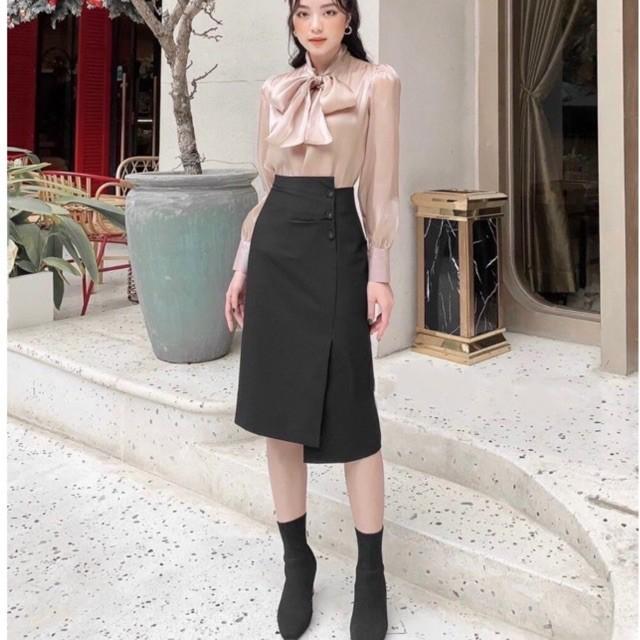 Chân váy nữ dáng dài phối 3 cúc bọc cách điệu bên hông cá tính