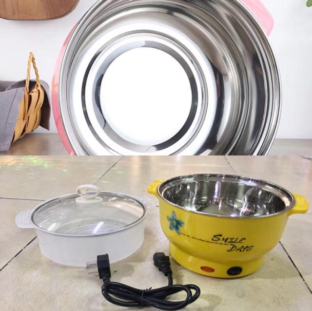 Nồi lẩu điện đa năng mini tròn kèm hấp xửng lòng chảo màu trắng inox 22cm màu vàng , hồng