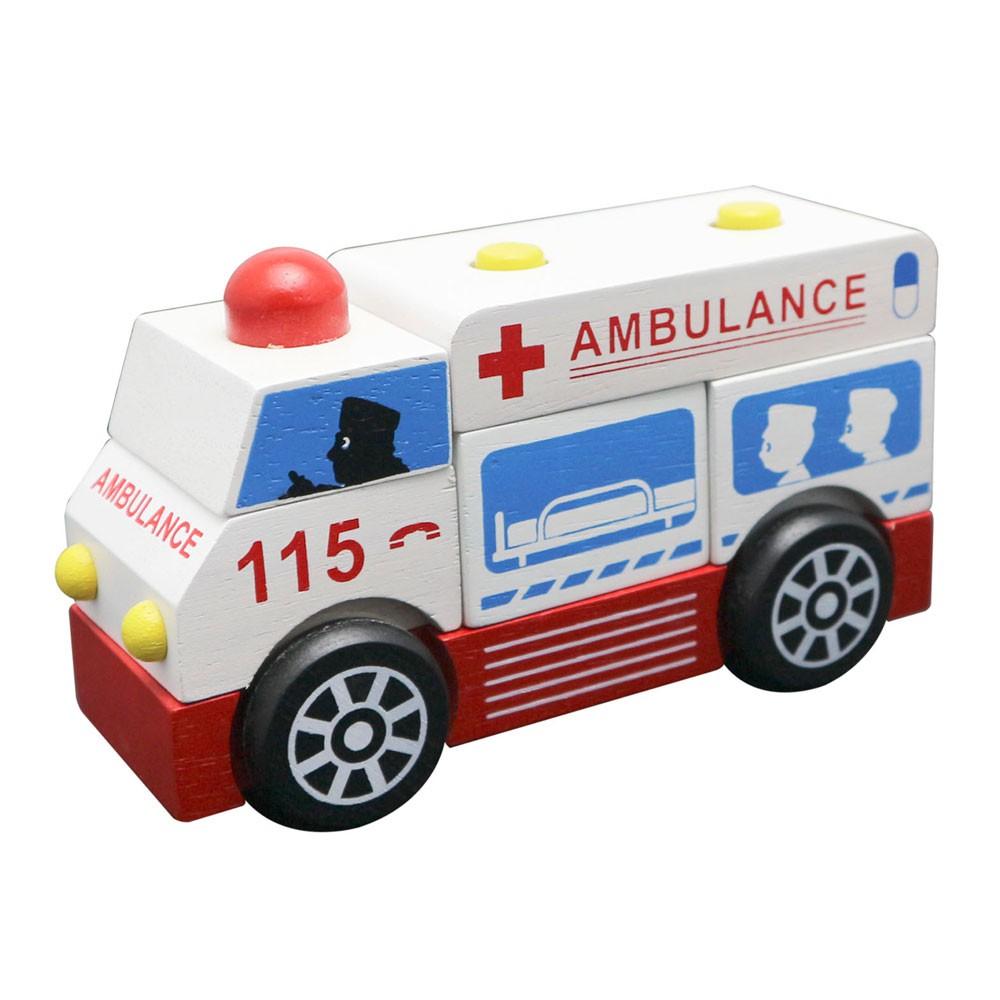 Combo 4 mô hình xe lắp ráp cứu thương, cứu hỏa, xe bồn và cảnh sát đồ chơi gỗ