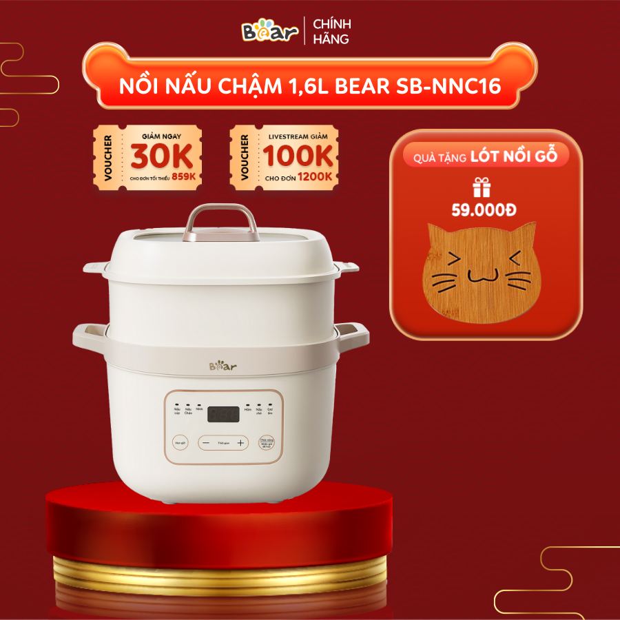 Nồi Nấu Chậm Bear 1,6L Đa Năng 6 Chế Độ Ninh Nấu Hầm Hấp Tiết Kiệm Thời Gian Giữ Trọn Chất Dinh Dưỡng - SB-NNC16 Hàng chính hãng