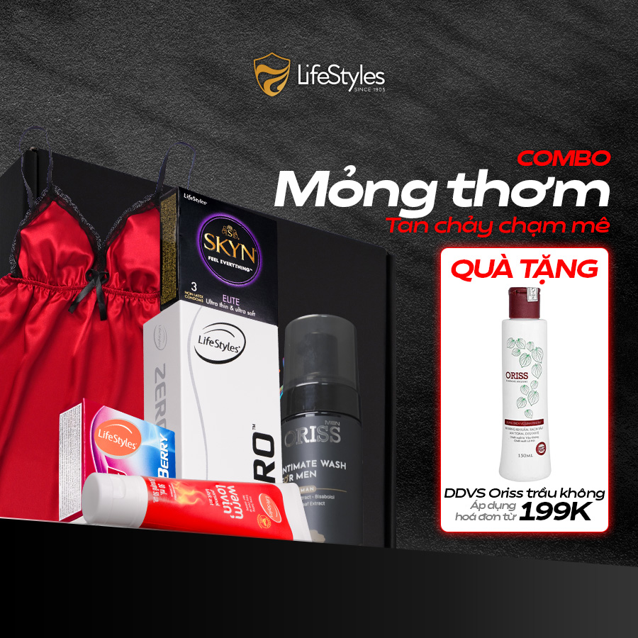 Combo Mỏng Thơm - Bao cao su Lifestyles Zero; Mixed Berry+SKYN Elite+Gel bôi trơn Warm Lovin'+Bọt vệ sinh Oriss+Váy ngủ