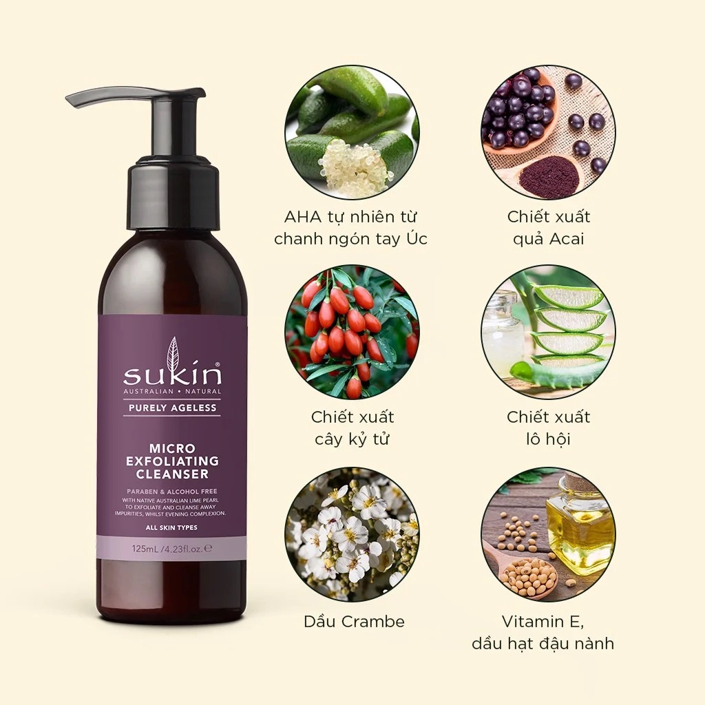 Sữa Rửa Mặt Làm Sạch Da Chết Sukin Purely Ageless Micro Exfoliating Cleanser 125Ml