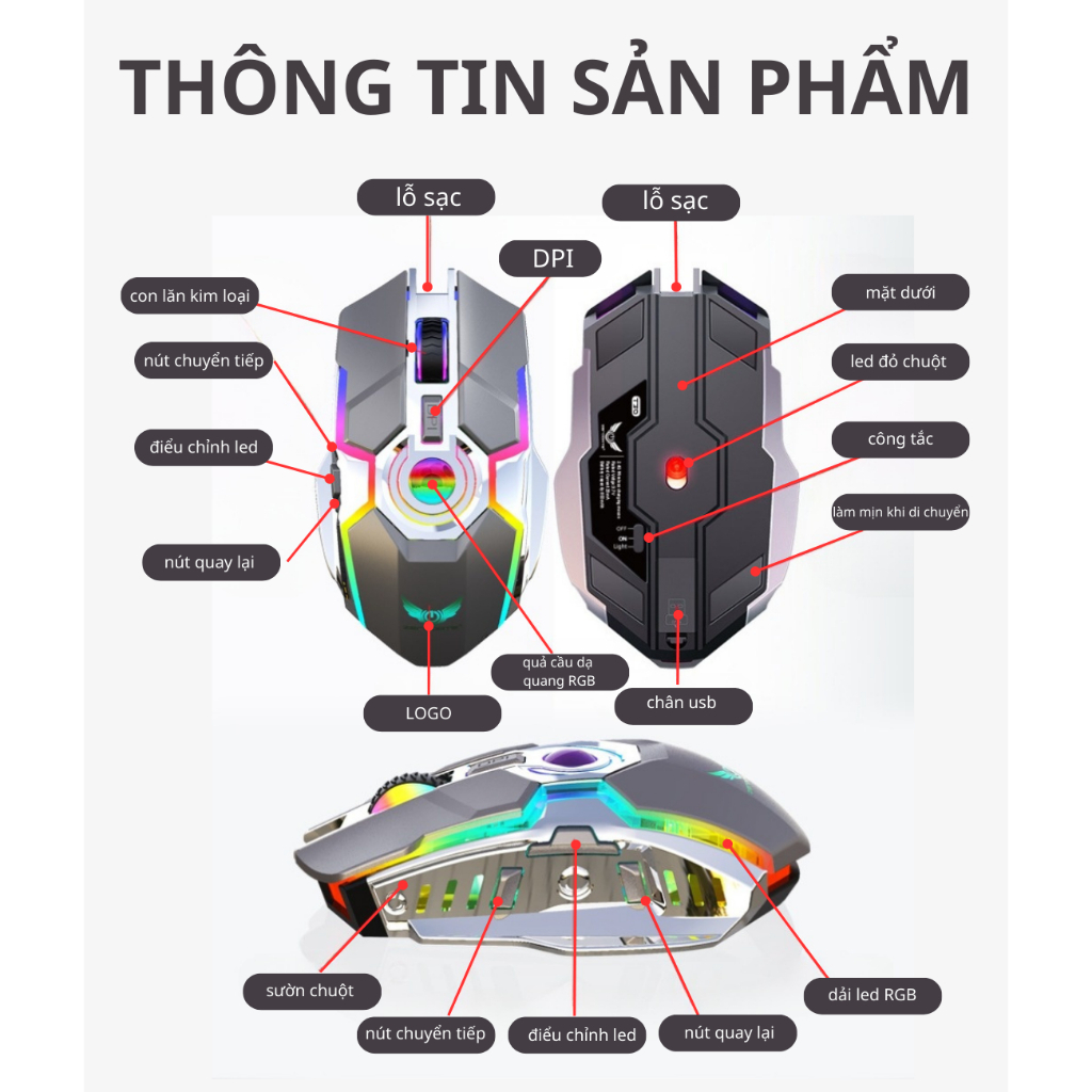 Chuột Gaming Không Dây TANNI GH1 Đèn LED 7 Màu Tích Hợp Bật Tắt Click Chống Ồn , Chuột Không Dây Pin Sạc Hàng Nhẩu