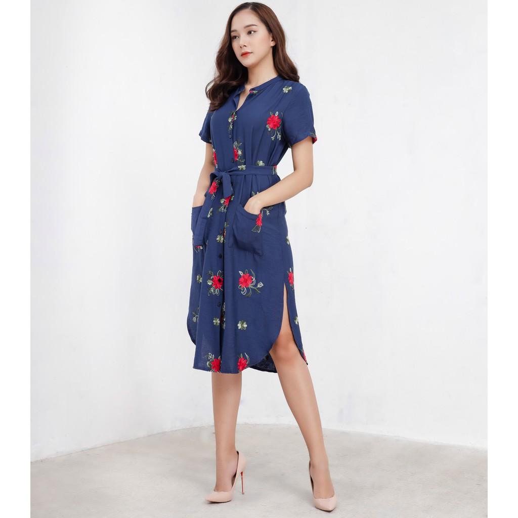 Đầm suông Midi nữ Callia Klara Blue cổ lãnh tụ tay ngắn