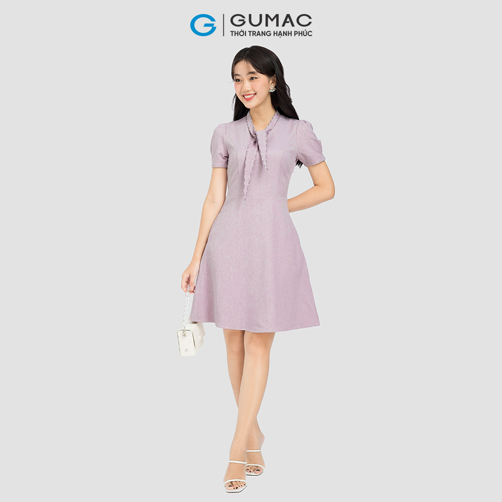 Đầm phối chỉ thắt nơ GUMAC DC08038 form A màu tím