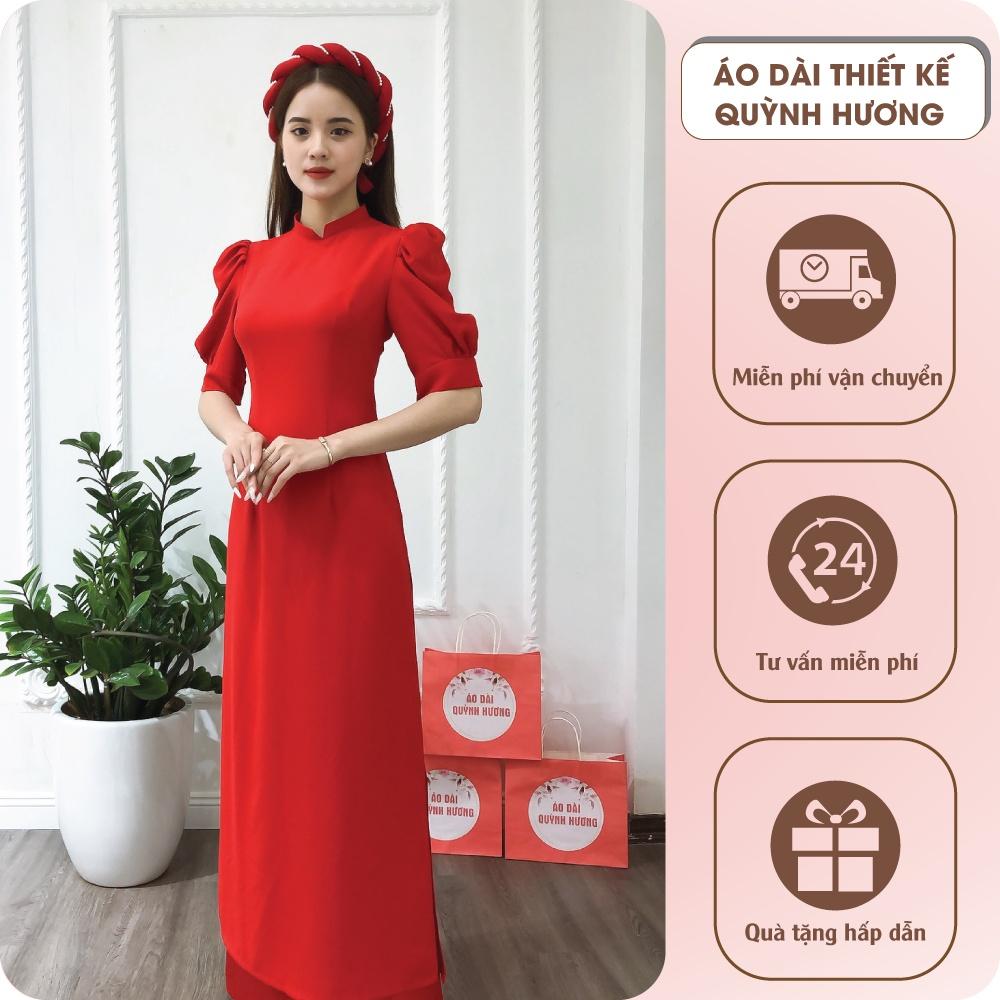 Áo dài lụa cổ vuông tay bồng màu đỏ by Quỳnh Hương