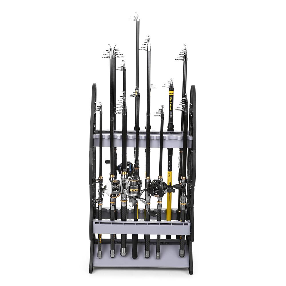 Giá đỡ cần câu hình dạng con cá, có 16 chỗ để, được làm bằng nhựa chất lượng cao, nhẹ và bền