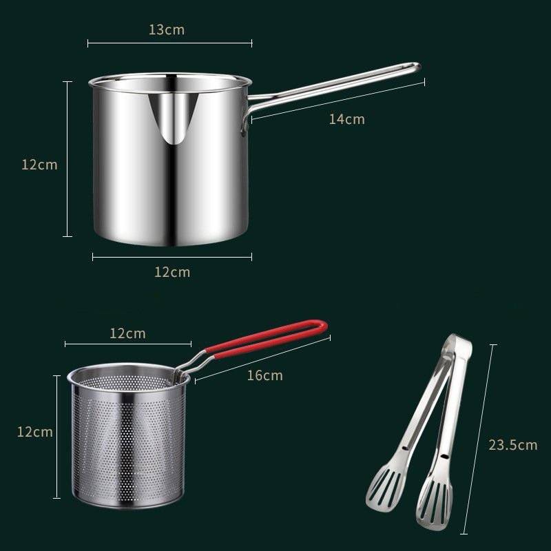 Bộ nồi chiên nhúng ngập dầu mini inox 304, gồm 3 chi tiết (nồi, rây lọc, kẹp gắp) thích hợp chiên khoai tây chiên, trụng bún, hủ tiếu.
