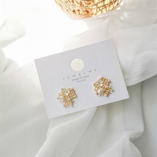 Bông tai - Lưới kim loại đính đá hạt trai - Màu gold