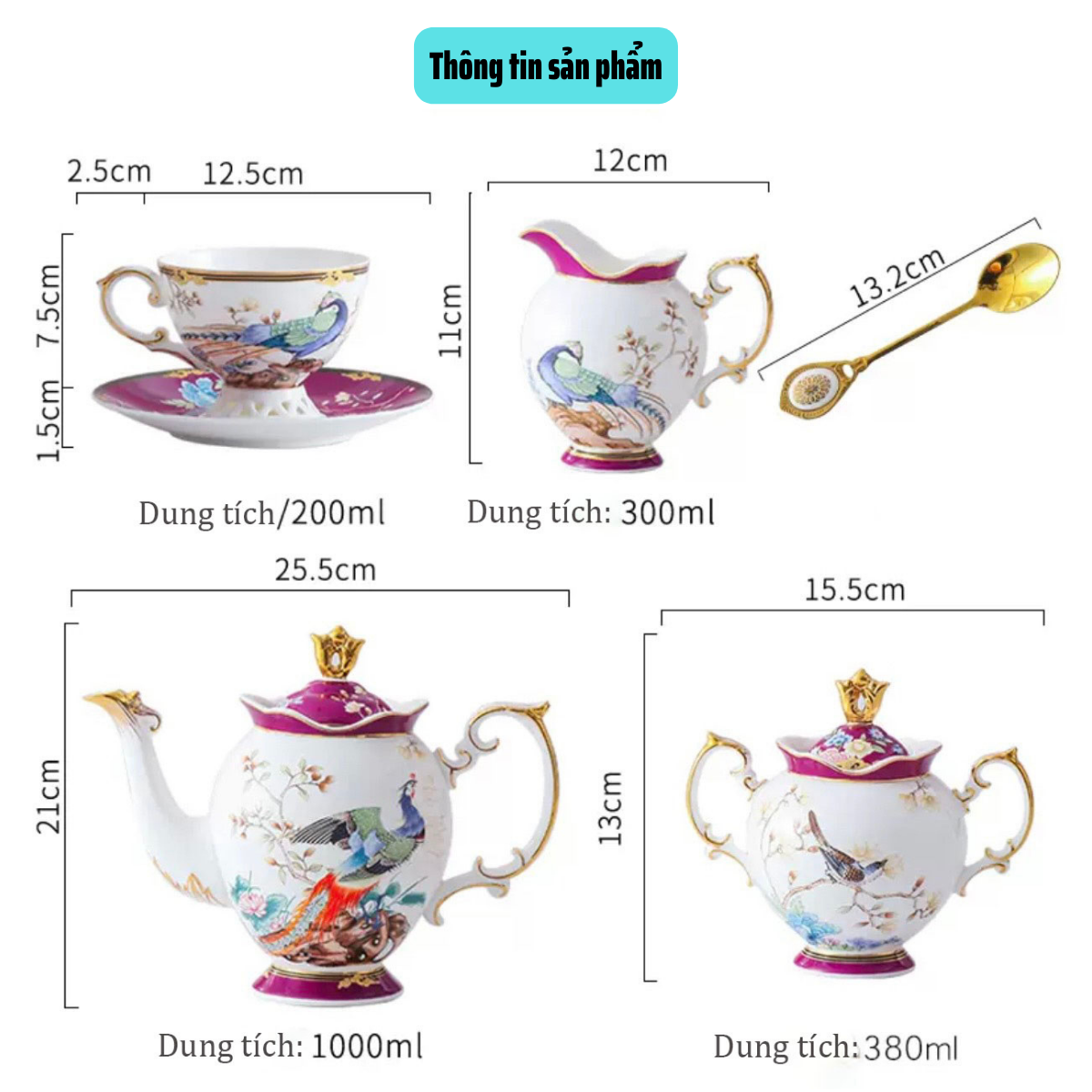 Ảnh thực tế - Bộ trà chiều Châu Âu họa tiết Khổng tước, Bộ ấm chén cao cấp, Tách trà sứ xương 45% tặng 6 thìa đồng mạ vàng