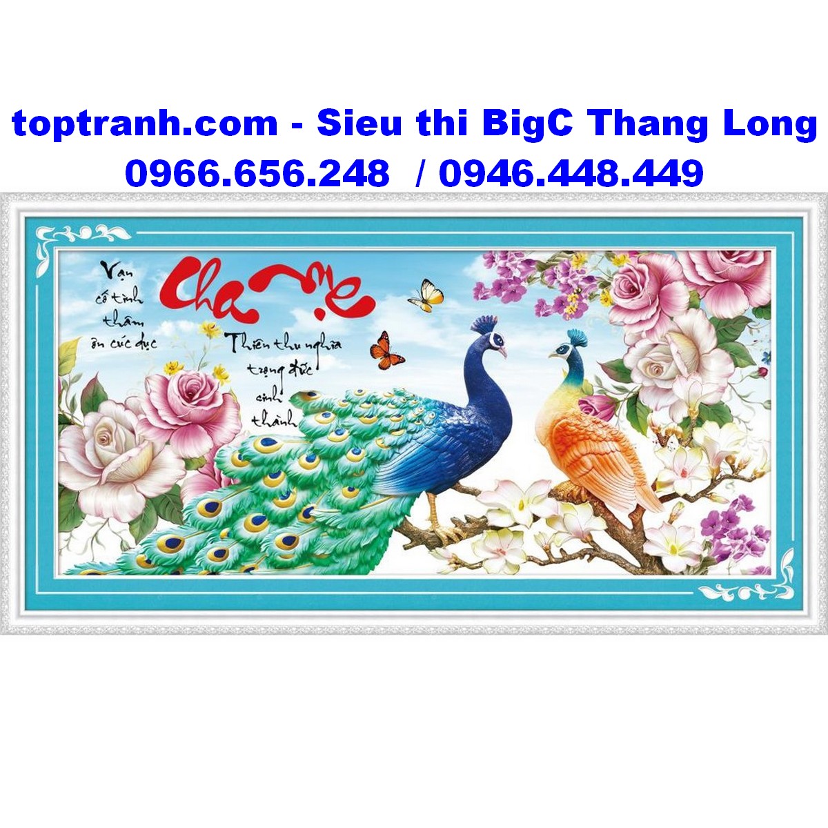 Tranh thêu chữ thập chữ cha mẹ chim công bên hoa hồng 88960 chưa thêu