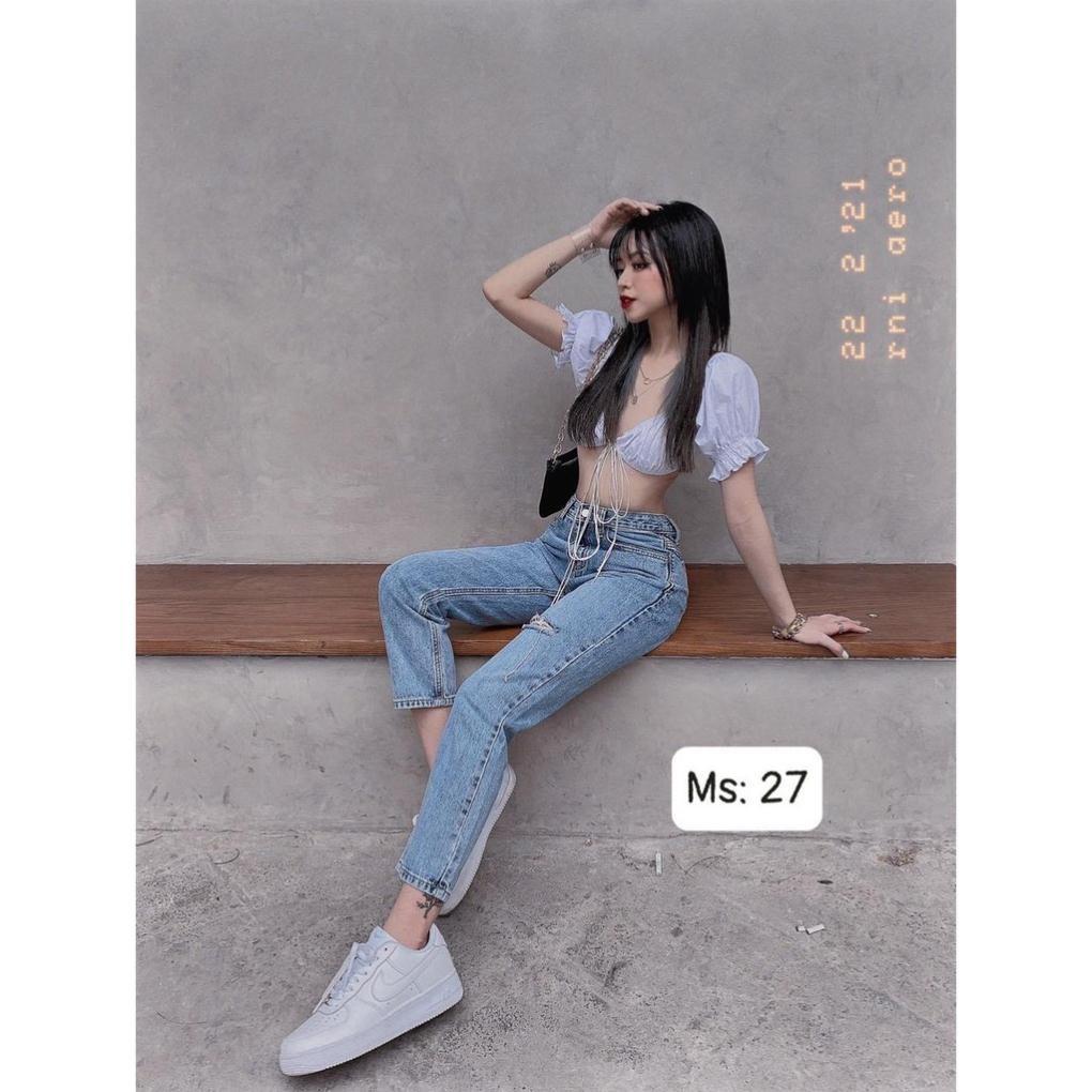 Quần Jean Nữ Aiori Lưng Cao Baggy Bò Trơn Rách Gối Phong Cách Thời Trang - Mã 132