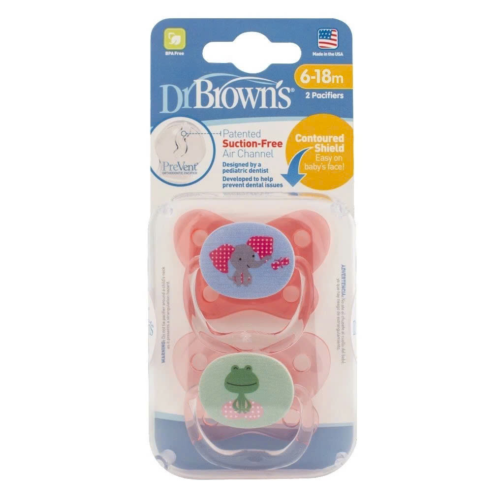 [ PV22001 - Hồng ] Set 2 ty ngậm chống vẩu Dr.Brown's Prevent in họa tiết con voi và con ếch ( 6-18m )
