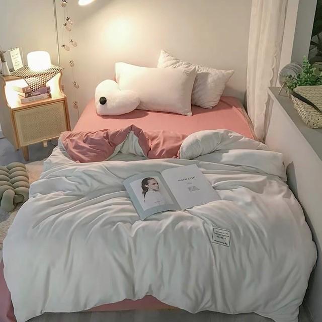 Bộ Chăn Ga Gối Cotton Đũi Trắng Phối Hồng