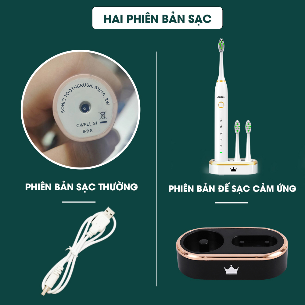 Bàn chải điện CWELL S1 PRO, 5 chế độ đánh răng tự động, tặng kèm 5 đầu bàn chải chống nước IPX8 chải sạch mảng bám tới 10X