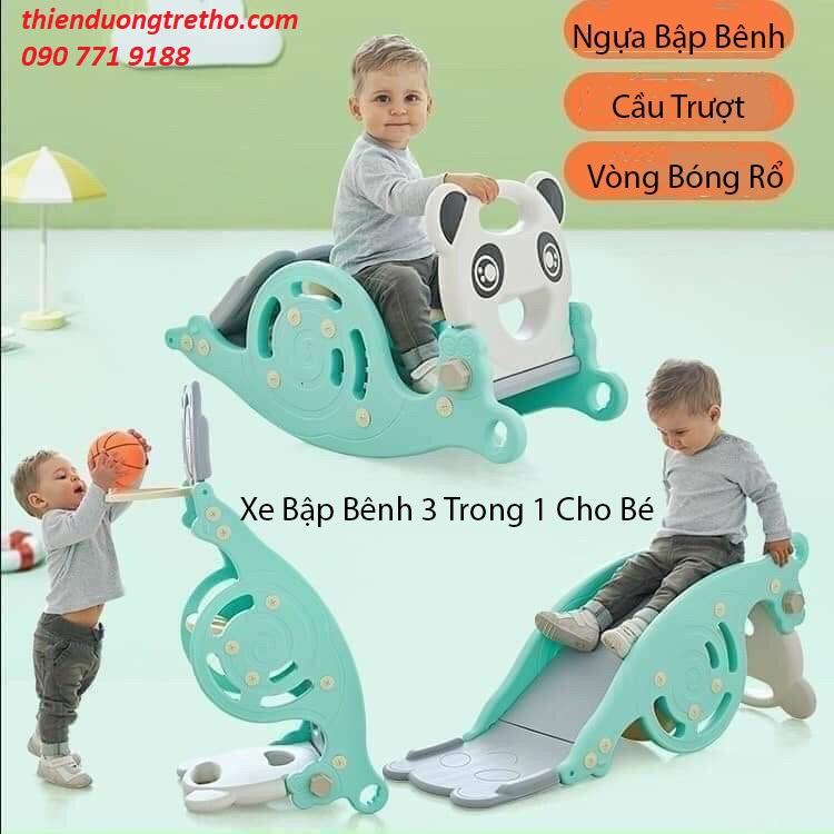 Đồ Chơi Vận Động Bập Bênh Cầu Tuột và Bóng Rổ Hình Gấu 3 trong 1