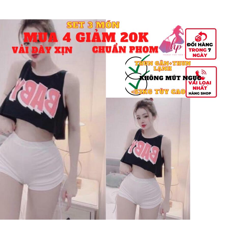 Set đồ nữ 3 món thể thao áo croptop ba lỗ sát nách kèm áo 2 dây ôm body + quần cộc rút eo 2 bên VD124