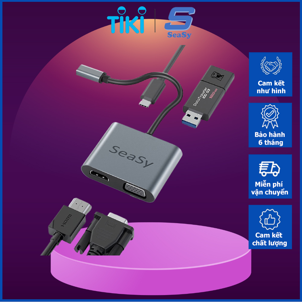 Hub Chuyển Đổi USB TypeC Ra Cổng HDMI / VGA / LAN Rj45 / USB / PD/SD/TF SeaSy, Cổng Chuyển Đổi TypeC Ra HDMI 4K, Cổng VGA 1080 P, Cổng Lan Rj45, Cổng USB 3.0, Cổng Sạc PD 100W, Cổng SD/TF, Dùng Cho Macbook/Ipad/Surface/Laptop/Điện Thoại – Hàng Chính Hãng