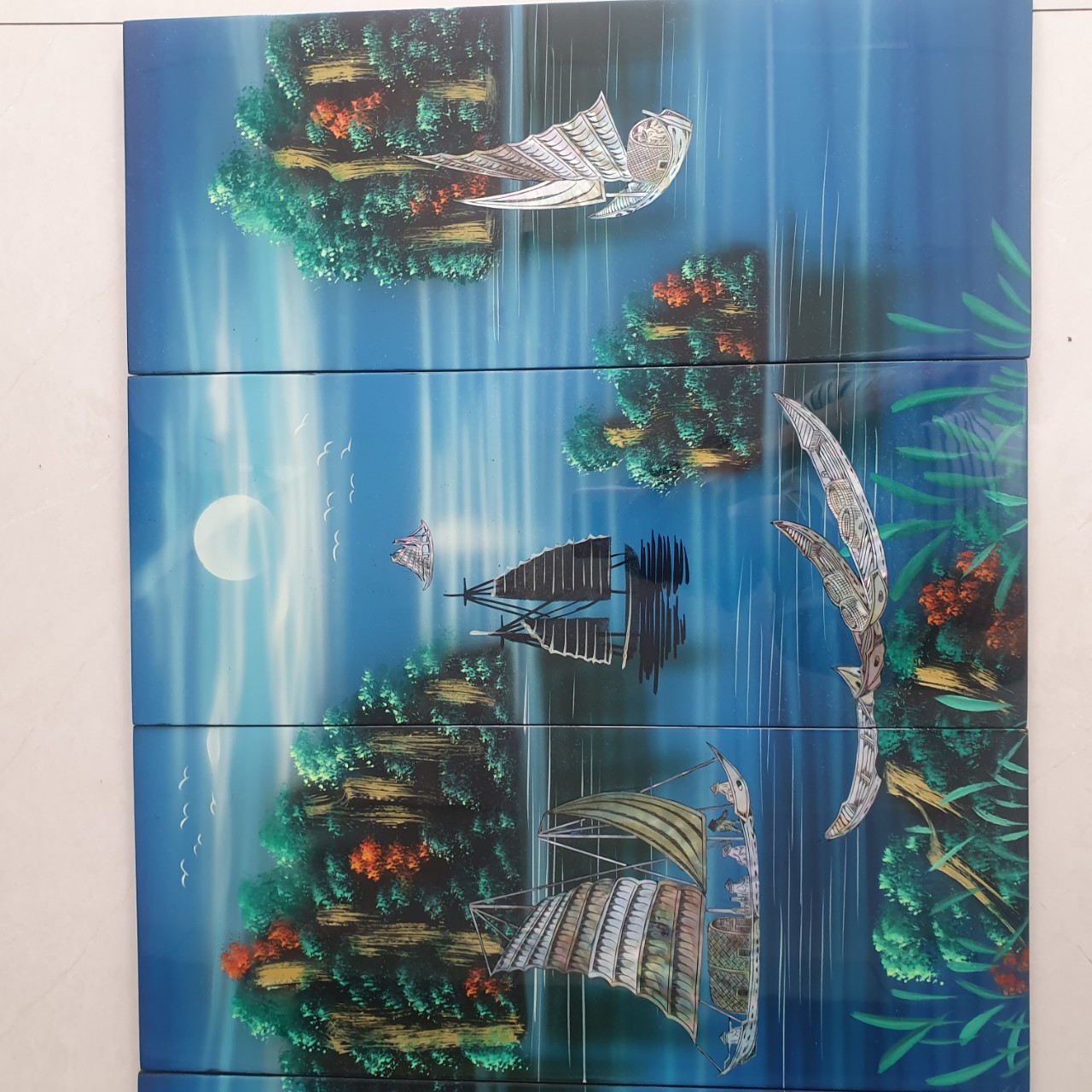 Bộ Tranh sơn mài Thanh Bình Lê 4 tấm- THUẬN BUỒM XUÔI GIÓ cẩn ốc xà cừ cao cấp size 50x80 cm