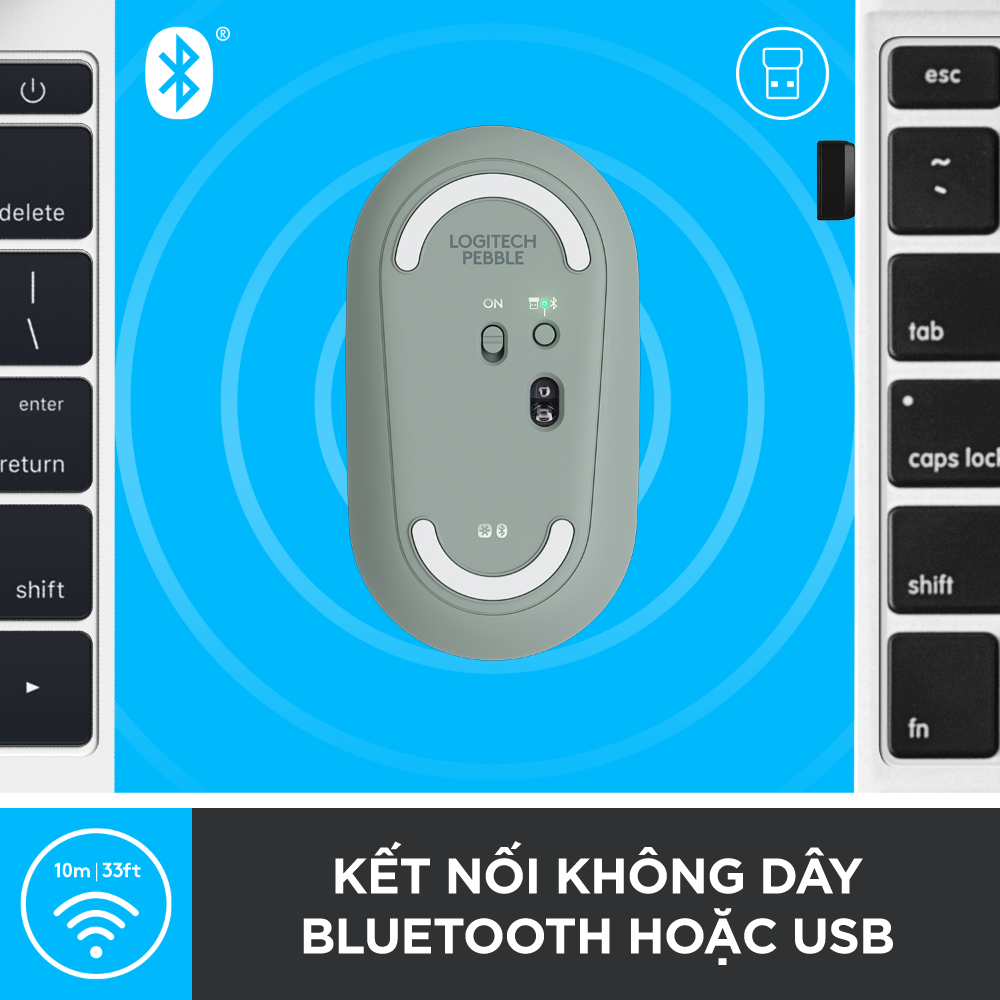 Chuột không dây Logitech Pebble M350 - Kết nối Bluetooth/ USB 2.4GHz, thiết kế mỏng, giảm ồn, phù hợp Mac / PC / Laptop - Màu Xanh rêu - Hàng chính hãng