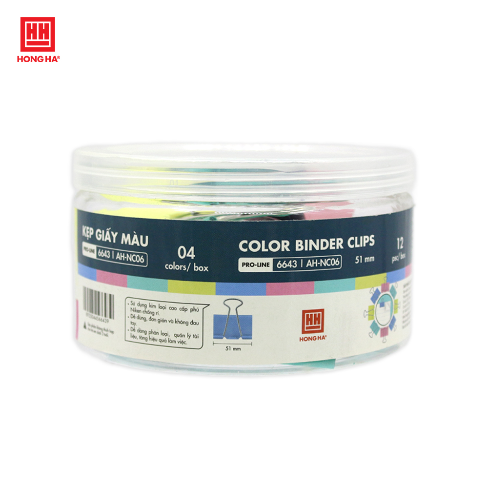 Kẹp bướm, kẹp giấy màu Hồng Hà 51mm (hộp 12 chiếc) - 6643