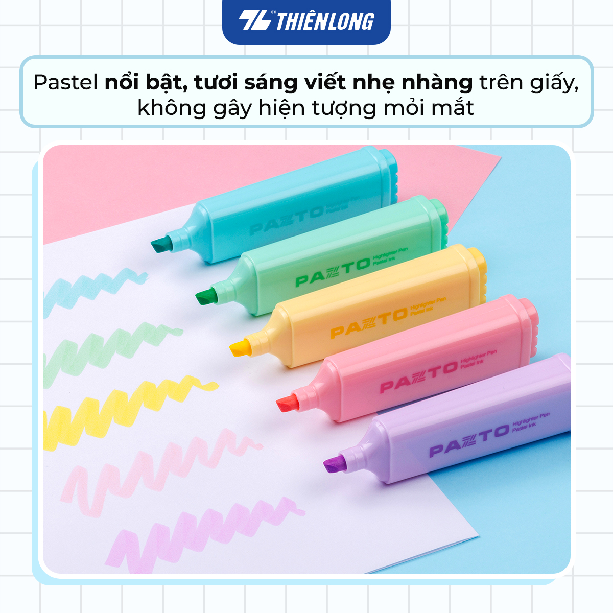Bút dạ quang màu Pastel Thiên Long Flexoffice Pazto FO-HL009/VN - Bút dạ quang rửa được - Không để lại vết khi Photocopy
