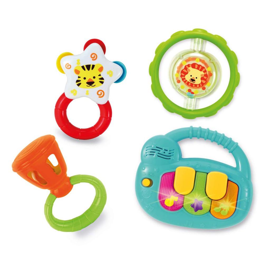 Set 4 món đồ chơi âm nhạc đàn piano mini kèm xúc xắc lục lạc cầm tay WINFUN 3130 cho bé 3 tới 18 tháng - BPA free