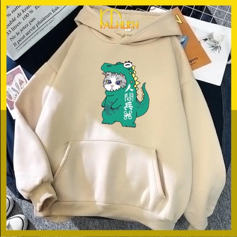 Áo hoodie in mèo khủng long vải nỉ nón 2 lớp dày dặn cho cả nam nữ