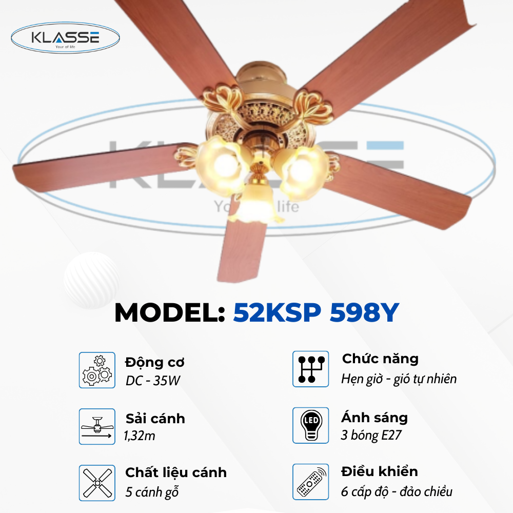 Quạt trần chùm đèn Klasse 52KSP 598Y Hàng chính hãng