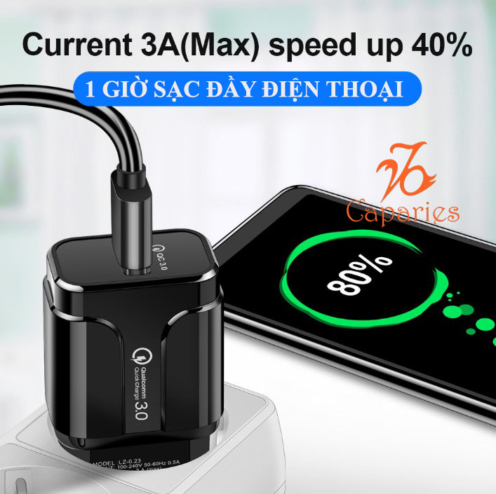 Củ Sạc Nhanh Quick Charge 3.0 Siêu Bền, 1 cổng USB , Chống Nóng, Sạc Nhanh 3.0 - Chính Hãng CAPARIES VIỆT NAM