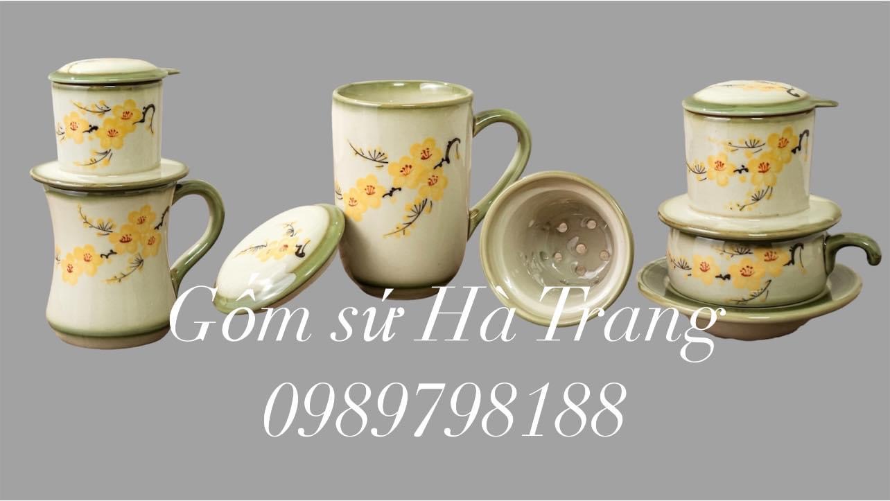 Phin pha cafe cốc lọc trà gốm sứ Bát Tràng cao cấp vẽ mai vàng