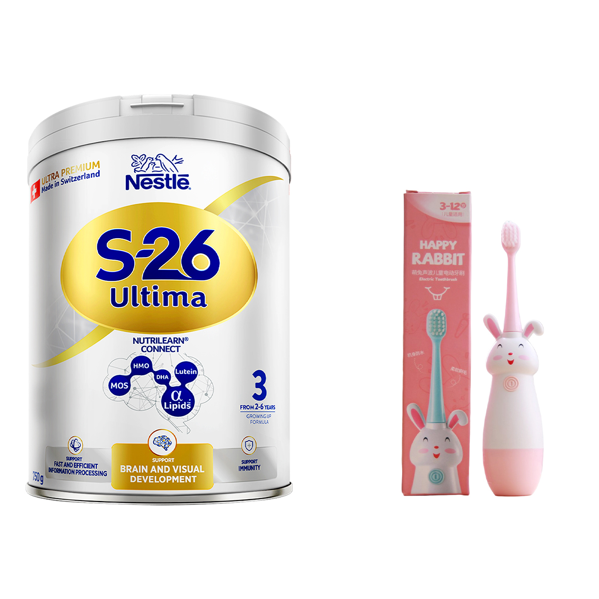 Sữa bột công thức S-26 ULTIMA 3 750G với hợp chất NUTRILEARN CONNECT giúp tăng tốc độ kết nối não bộ - Dành cho bé từ 2 - 6 tuổi - Tặng Bàn chải điện Happy Rabbit